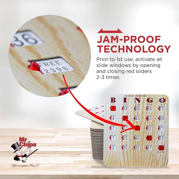 MR CHIPS Jam-Proof Bingo Cards with Sliding Windows, 50 Reusable Shutter Cards, 75 Calling Cards 1 Master Board in Tan Woodgrain Style