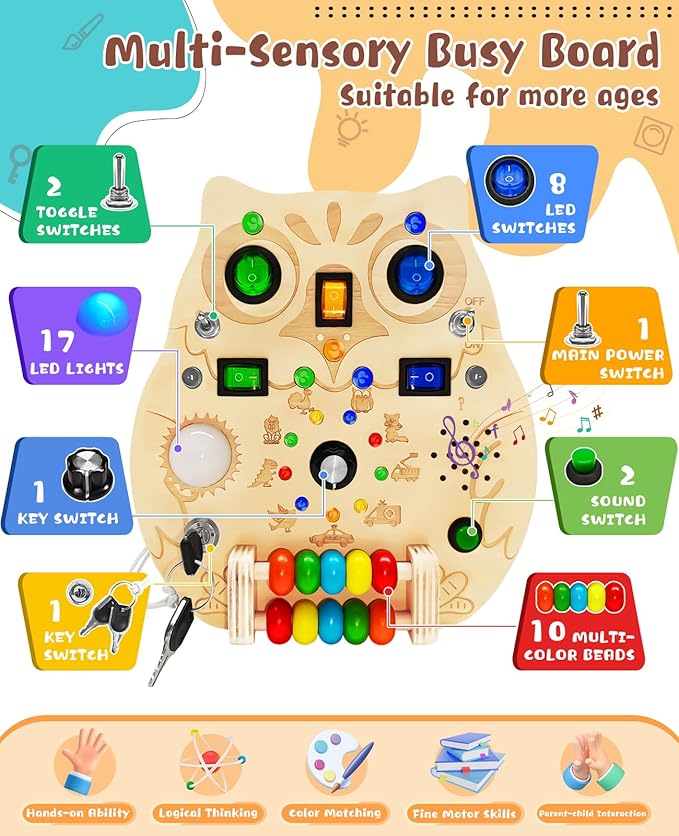 Busy Board,Montessori Wooden Sensory Toy with LED Light Switches, Music, Toddler Light Switch Activity Travel Toys for 1 2 3 Year Old Boys Girls Toddler Toys Gifts