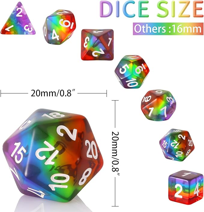 Polyhedral DND Dice Set RPG Rainbow Dice for Dungeons and Dragons(D&D) Role Playing Game,MTG,Pathfinder,Table Game,Math Games Dice Set with Dice Pouch