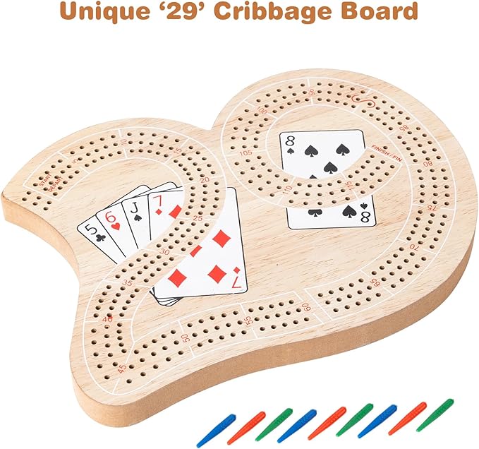 Wooden 3-Track Cribbage Board Game - Classic Board for 3 Players with Plastic Pegs - Ideal Family Game for Kids and Adults