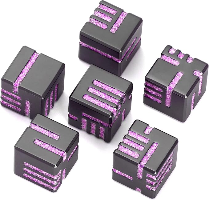 D6 Dice Set of 6 Pcs, 16mm Cool Fancy 6 Sided Dice, Metal D6 for DND, RPG, Dungeons and Dragons (Matte Black & Glitter Purple)