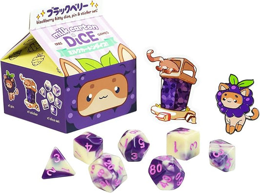 1985 Games BlackBerry Kawaii Cat Dice Set – Milk Carton-Inspired Dice for DND | TTRPGs & Tabletop Roleplaying