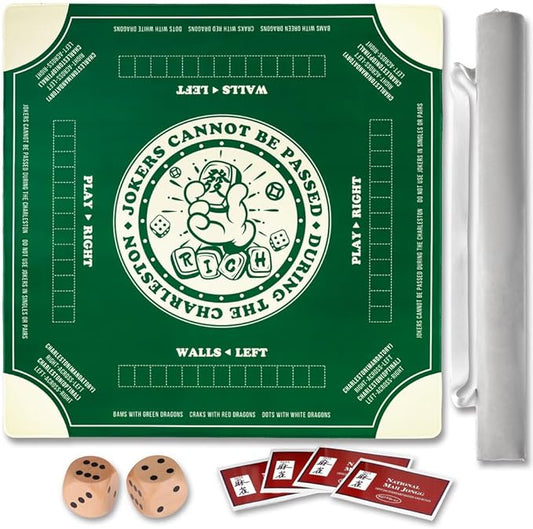 Mahjong Mat with Rules for Table,Non-Slip and Silent,Comes with 2 Dice and 1 Coral Velvet Mahjong Mat Storage Bag (Green)