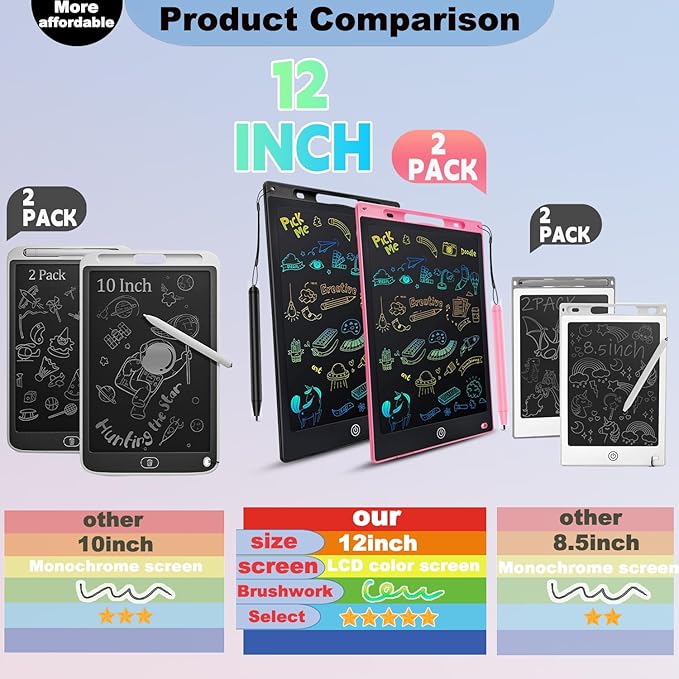 LCD Writing Tablet 2 Packs Toddler Toys, 12 Inch Doodle Board Drawing Pad Gifts for Kids Games, Erasable Colorful Drawing Board Toy Christmas Birthday Gift for 2 3 4 5 6 7 Years Old, Pink Black