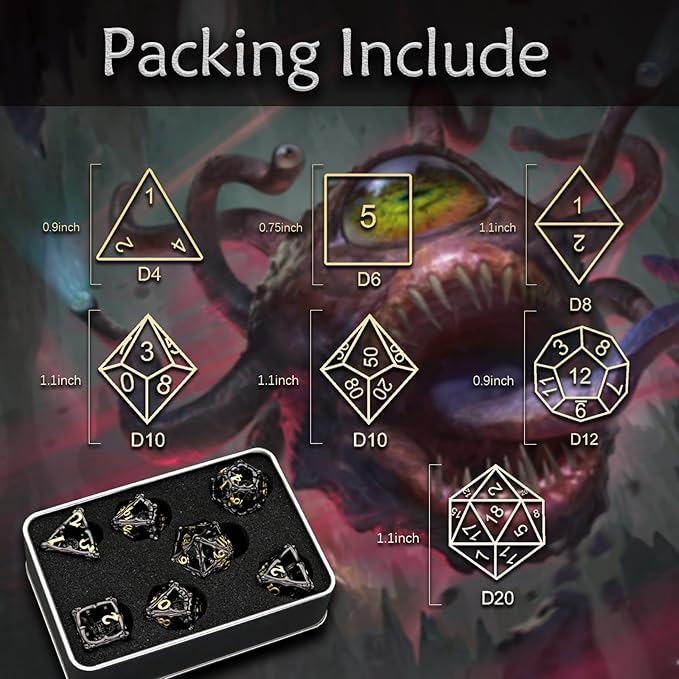Beholder Dice Set DND, Dragon Eye Dice, ZHOORQI 7PC/Set Polyhedral Dices for Dungeons and Dragons, RPG, Eye Monster D&D Gifts（Eye-Black Gold）