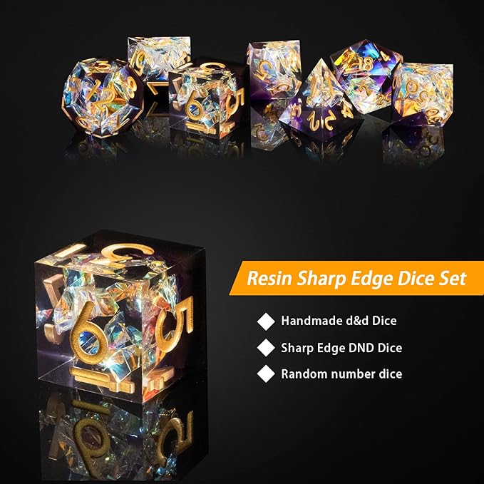 DND Dice Set Resin Sharp Edge Handmade 7pcs Polyhedral Dice Set DND RPG MTG Role Playing Game Dice Set D&D Dice with Gift Case for Dungeons and Dragon (White-Violet)