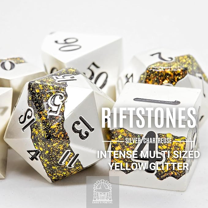 Sage's Portal Metal Riftstone DND Dice 7-PC Polyhedral Dice Set for DND TTRPG Dungeons and Dragons Pathfinder Oversized Designer Dice (Pearl Silver/Chartreuse)