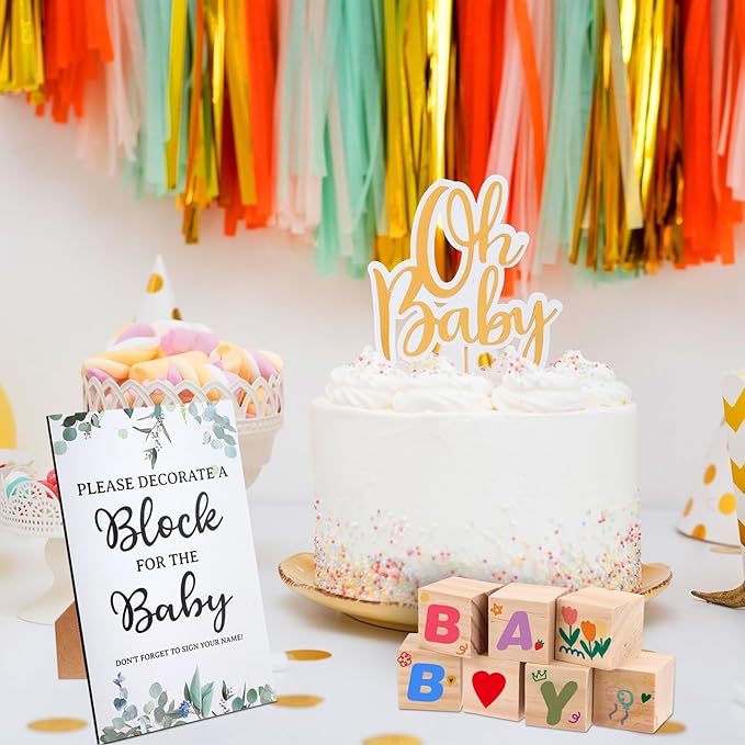 craftshou 105 Pcs Baby Shower Games Gifts Set Including Decorate a Block Game Sign 80 Blank Wooden DIY Block 24 Acrylic Paint Marker Theme Baby Shower Prize Accessories