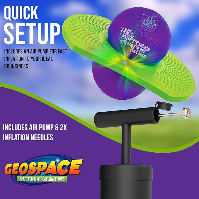 Geospace Original LED AIR POGO Jumper Deluxe with Motion-Activated Lights, Indoor or Outdoor Trick Bounce Board for Boys, Girls, Teens Ages 6+ or up to 160 lbs, Pump Included (Purple/Green)