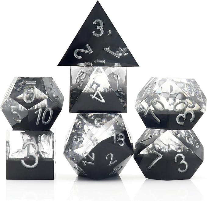 Haxtec Sharp Edge DND Dice Set - Black Swirls Resin Dice with Case for D&D RPG Role Playing Games
