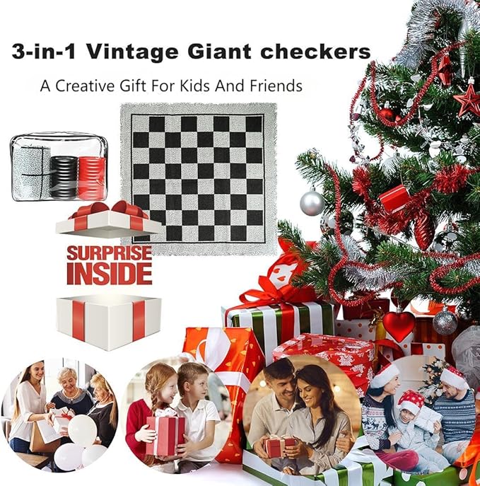 3-in-1 Vintage Giant Checkers and Tic Tac Toe Board Draughts Reversible Rug Game, Big Checker Floor Game Mat, Family Board Game, Lawn Game, BBQ Party Favor, Indoor and Outdoor