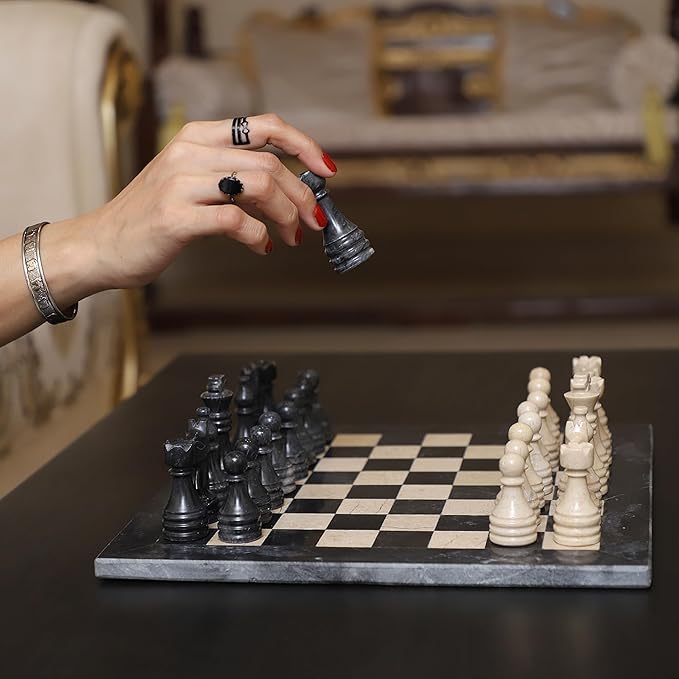 15 Inch Luxury Chess Set Classic Chess Boards for Adults with Handcrafted Stone Board & Marble Chess Pieces Ideal for Home Decor (Black & Virona)