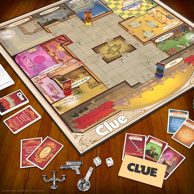 CLUE: The Muppets, Classic Board Game, Solve The Mystery in The Muppet Theater with Kermit, Fozzie, & More, Discover Who, Where, and What Weapon was Used, Officially Licensed The Muppets Merchandise