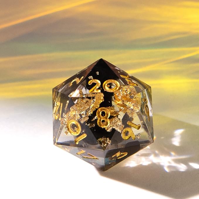 YEMEKO Single D20 Dice - 22mm, 20 Sided D&D Dice for Dungeons and Dragons, DND Dice with Resin Sharp Edge, Handmade Polyhedral for RPG, Roleplaying Games MTG Table Games(Black Gold)