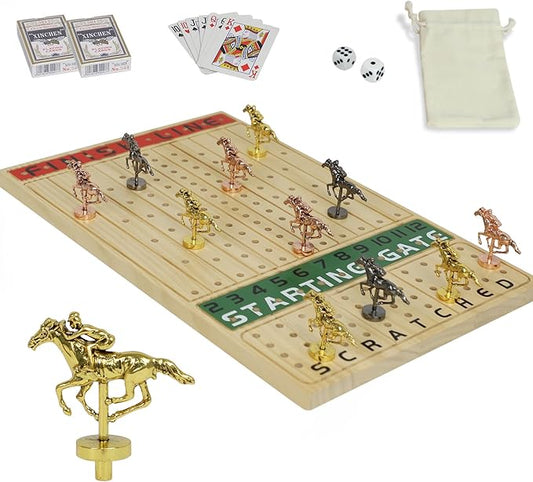 Metal Horse Racing Board Game Card Board Game Finish Line Luxury Edition Solid Wood Race Game Board 11 Batches of Metal Model Horses 2 Sets of Dice and 2 Boxes of Cards…