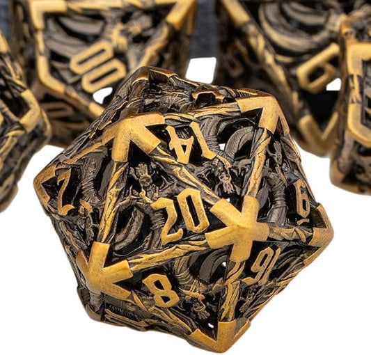 Hollow DND Dice Set Metal Wizard Dice with Box, 7pcs Ancient Gold Polyhedral D and D Dice for use with D&D RPG Tabletop Games Role Playing Game