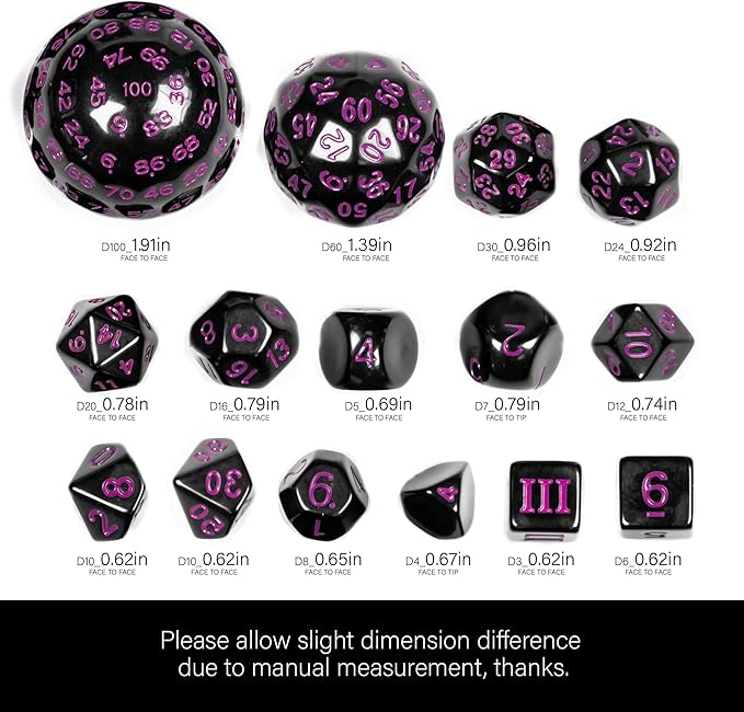 15 Pieces Complete Polyhedral DND Dice Set D3-D100 Spherical D&D Dice Set with Dragon Eye Dice Bag, D100 Dice for Dungeons and Dragons, RPG, MTG Table Games(Black w/Purple Numbers)
