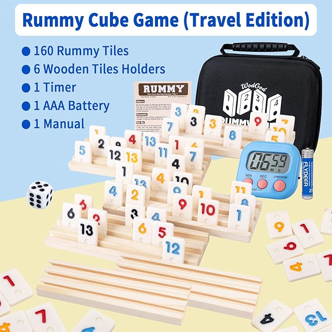 6 Player Travel Rummy Cube Game Set, Travel Size Rummy Cube Game, Mini Rummy Cube Game with 160 Mini Tiles,6 Racks,1Timer,1 Portable Case for Family Classic Party Game