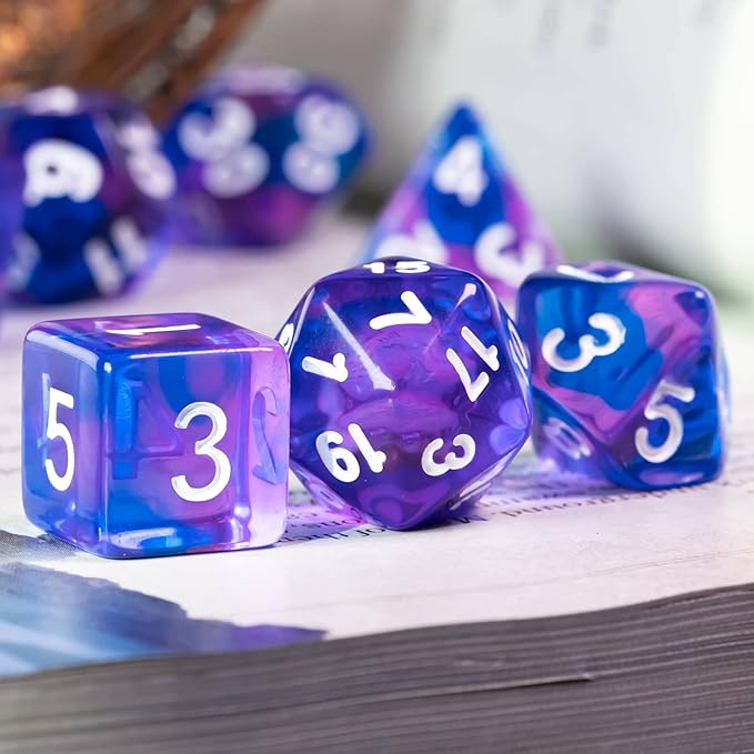 7-Die DND Dice Set Polyhedral Dice Set with a Leather Dice Bag, D&D Dice Set for Dungeons and Dragons, RPG, MTG Table Games (T/Purple Blue)