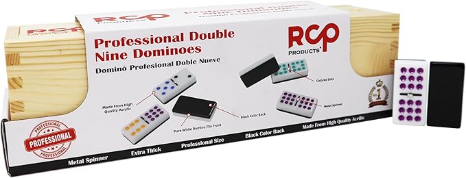 Dominos Set for Adults – Professional Double 9 Dominoes Set of 55 Tiles, Metal Spinner, Classic and Travel Board Game with Wood Case Juegos de Mesa (Black)