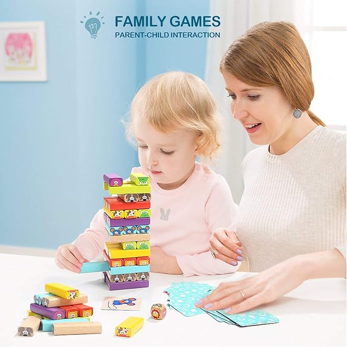 TOP BRIGHT Colored Wooden Blocks Stacking Board Games for Kids Ages 4-8 with 51 Pieces