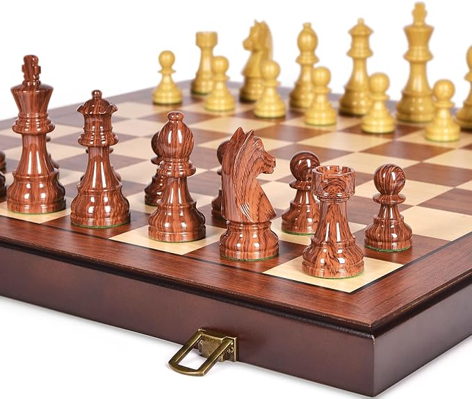 AMEROUS 20'' x 20'' Wooden Chess Set with High Polymer Weighted Chess Pieces / 3.75'' King / 2 Extra Queens/Larger Size Folding Board, Chess Board Game for Adults