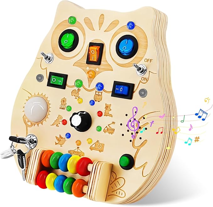 Busy Board,Montessori Wooden Sensory Toy with LED Light Switches, Music, Toddler Light Switch Activity Travel Toys for 1 2 3 Year Old Boys Girls Toddler Toys Gifts