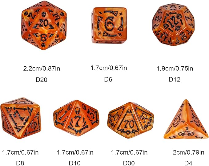 7-Die DND Dice Set Halloween Pattern Polyhedral Die Set with Leather Bag, Skull Dice D&D Die for Dungeons and Dragons RPG Table Games (Halloween Pattern-Orange/Black Number)