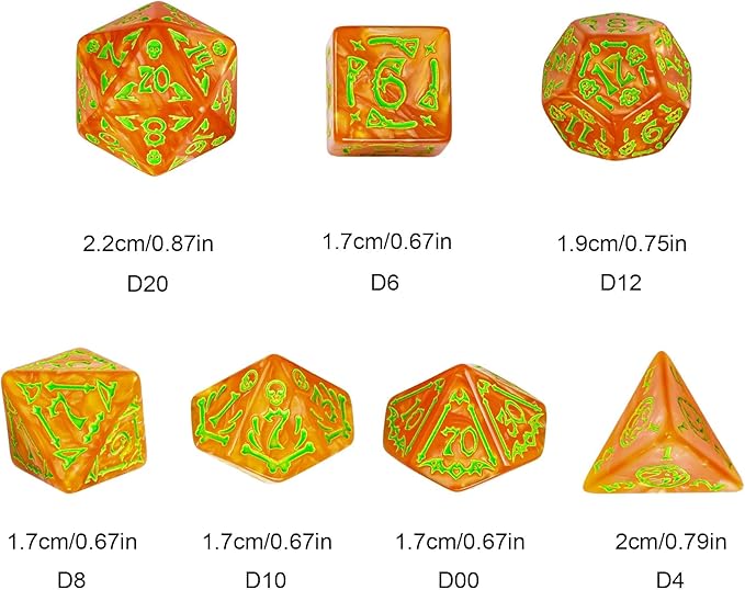 7-Die DND Dice Set Halloween Pattern Polyhedral Die Set with Leather Bag, Skull Dice D&D Die for Dungeons and Dragons RPG Table Games(Halloween Pattern-Orange/Green Number)