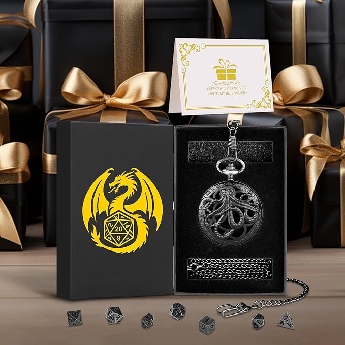 Mini DND Dice Set With Steampunk Hollow Octopus Pocket Watch Shell Case, 7pcs Polyhedral Metal Dice Set, D&D Gifts With Gift Box, Role Playing Board Games Accessories, Black