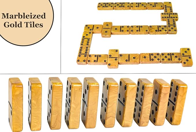 Dominos Set for Adults, Thick Domino, Double 6 Dominoes Set for Adults and Kids, 28 Marbleized Gold Tiles in Brown Leather Case, Travel Domino's Game Set