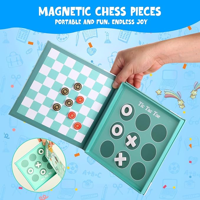 2-in-1 Magnetic Checkers & Tic-Tac-Toe Board Game | Travel Activities for Kids | Foldable Plane and Car Games | Family Fun Travel Essentials for Boy and Girl Over 3 Years