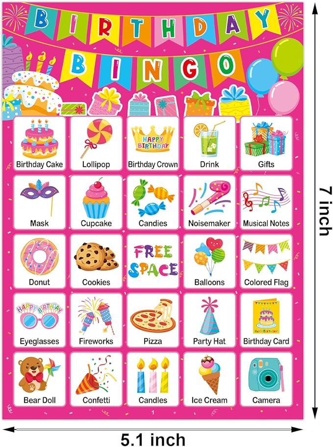 Birthday Bingo Game Cards for Kids Girls Adults - 24 Players Birthday Party Bingo Games for School Classroom Family Kids Birthday Party Activities Supplies