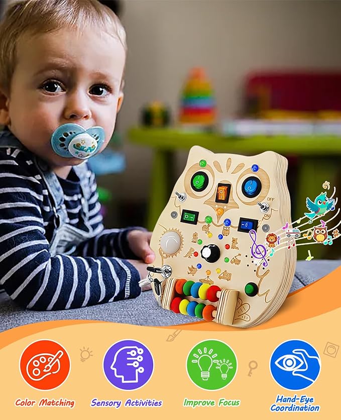 Busy Board,Montessori Wooden Sensory Toy with LED Light Switches, Music, Toddler Light Switch Activity Travel Toys for 1 2 3 Year Old Boys Girls Toddler Toys Gifts