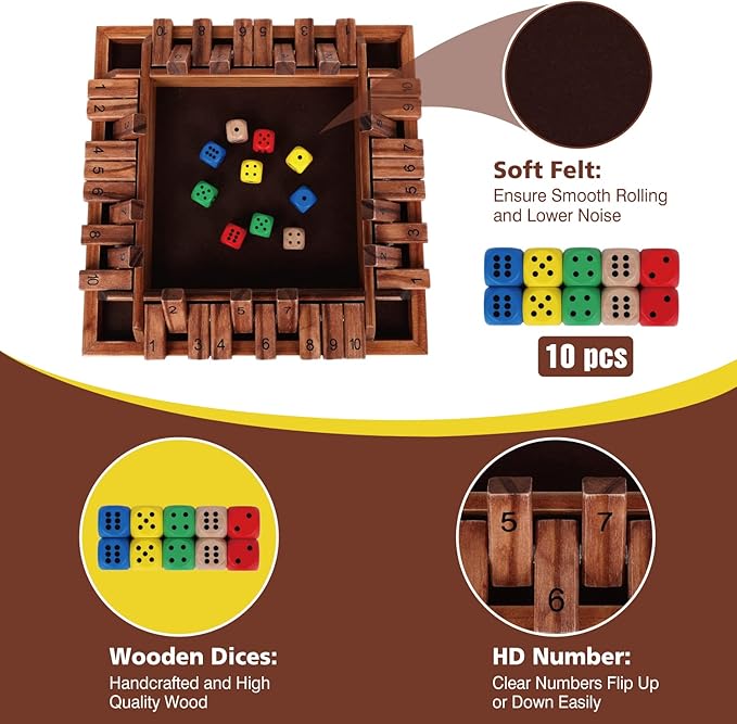 GOTHINK Shut The Box Dice Game, 2-4 Player 11.5-inch Wooden Board Table Math Game with 10 Dices - Math & Decision Skills for Adults/Kids, Perfect for Home Class Parties & Pubs - Classic Tabletop Fun