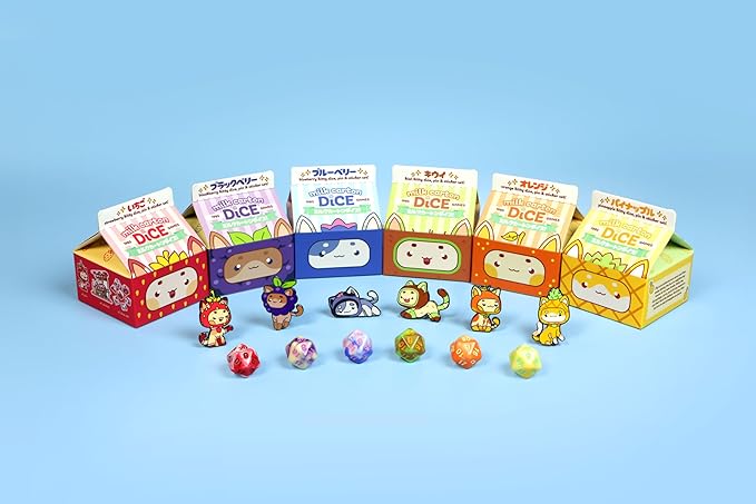 1985 Games Orange Kawaii Cat Dice Set – Milk Carton-Inspired Dice for DND | TTRPGs & Tabletop Roleplaying