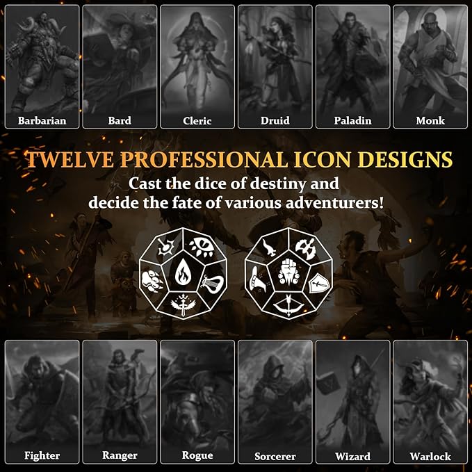 7PCS Metal Dice Set for Dungeons and Dragons,Class Icons Dice,Role Playing Board Games Accessories (Bronze)