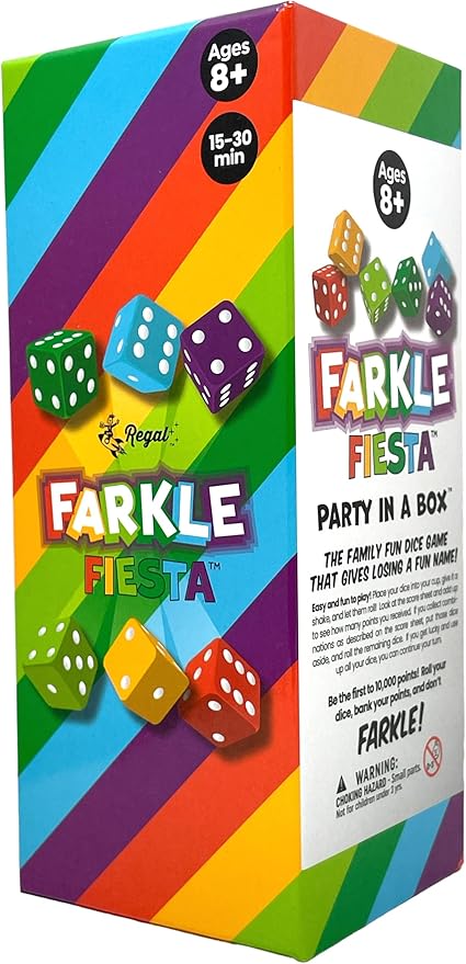 Regal Games - Farkle Fiesta Classic Dice Game w/ 6 Colored Dice Sets, 6 Convenient Dice Cups for Easy Shaking, & 20 Score Sheets - Fun Family Game for Travel, Camp - Ideal for 2-4 Players (Ages 8+)