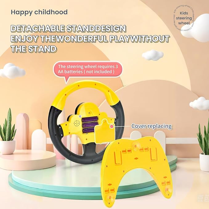 Kids Driving Toy Set with Interactive Steering Wheel and Traffic Light-Simulate Driving Car Steering Wheel Toy for Kids with Dashboard Display, Yellow and Black