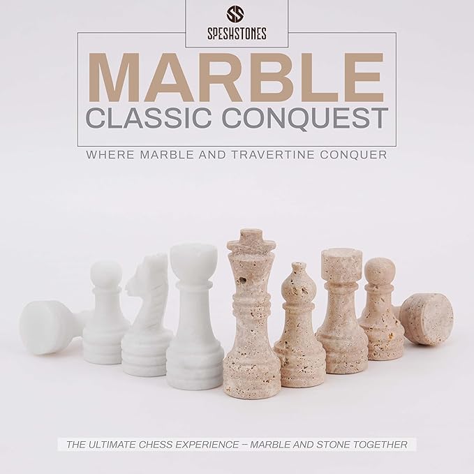 Marble Chess Pieces 3.5 Inch Travertine and White Stone Figures for Classic Chess and Checkers Board, Draughts & Travel Chess Set, Ideal Strategy Board Games for Adults & Family
