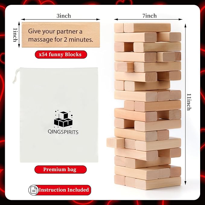 Super Fun Couples Tumble Tower Game for Grown Ups, 54pcs Exciting Date Night Stacking Wooden Blocks Talking Challenge Dare Romantic Anniversary Games for Your Partner, Only Adults 17+