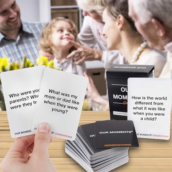 OUR MOMENTS Generations Game: 100 Conversation Starters for Grandparents & Grandchildren, Portable Cardstock Tabletop Game for Family Dinner, Car, Camping, Road Trip
