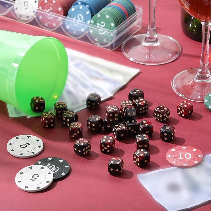 TecUnite 25 Pieces Colored Dice 6 Sided Dice Set, 6 Sided Standard Dices with Black Drawstring Storage Bag for Board Games, Parties, Math Learning, Classroom(Dark Red Black,6 Sides)