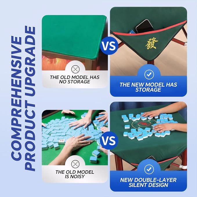 Mahjong mat,a Large-Sized Handmade Embroidered Mahjong mat,Suitable for Poker,Board Games,Card Games,Dominoes,and Other Games. It is a Noise-reducing and Anti-Slip Mahjong mat(43.3x43.3 inches Blue)