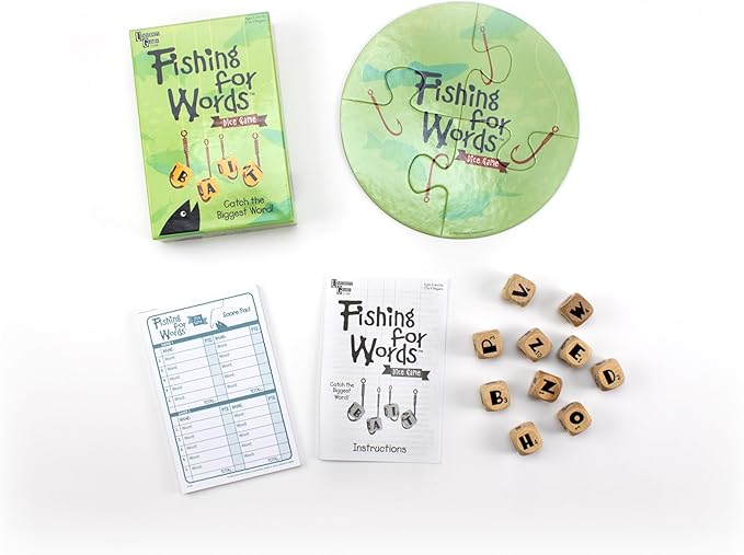Fishing for Words, Dice Game, Word Game, Travel Game, Family Game, Bar Game, 2 to 4 players, ages 8 and up, Green