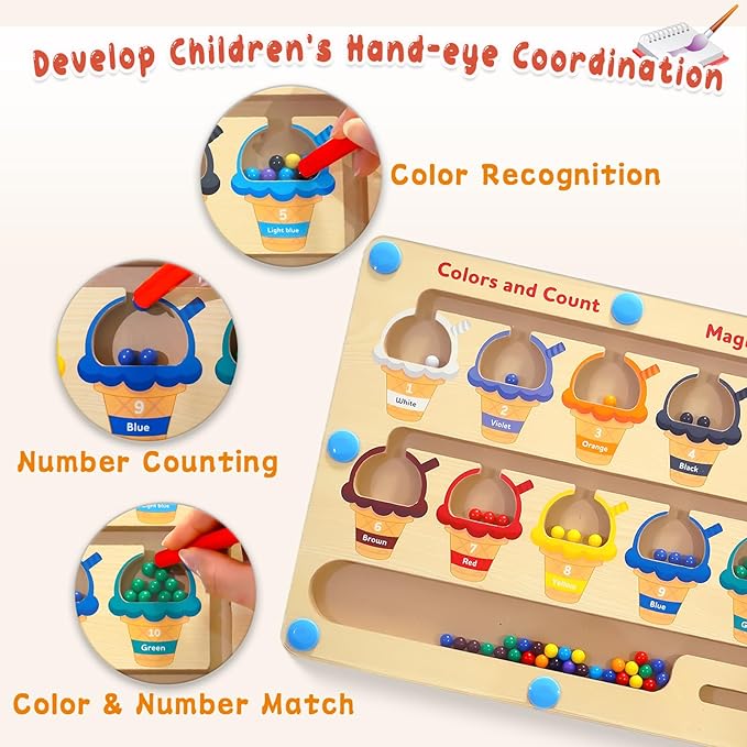 Magnetic Color and Number Maze - Toddler Toys for 3 4 5 Year Old, Wooden Color Matching & Counting Puzzle Board-Toddler Fine Motor Skills Learning Toys Holiday & Birthday Gifts for Kids
