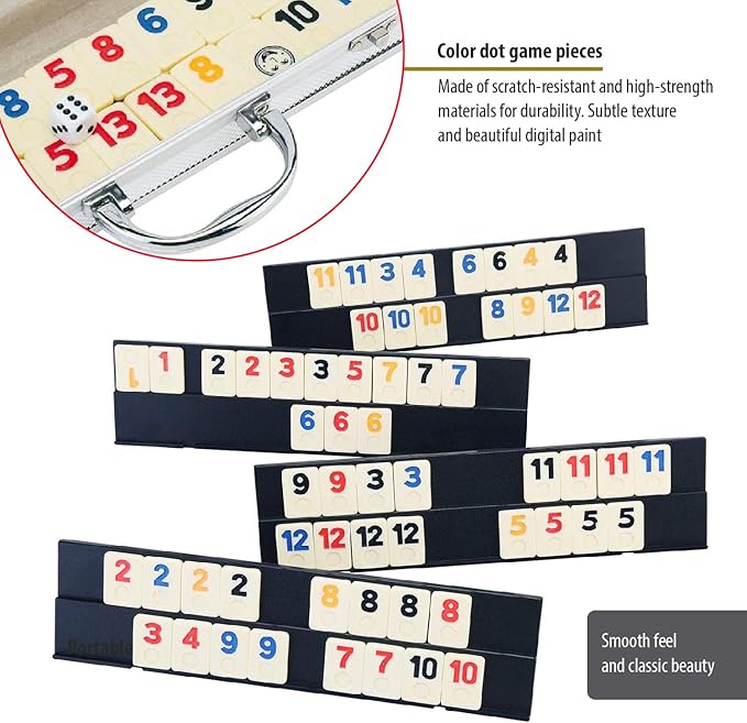 ERLLE - 106 Rummy Tiles Game Set with Aluminum Case. Deluxe Rummy Cube Game for Adults & Families, Includes 4 Anti-Skid Racks, Dice. Travel Board Game for 2-4 Players, Colorful Melamine Tiles.