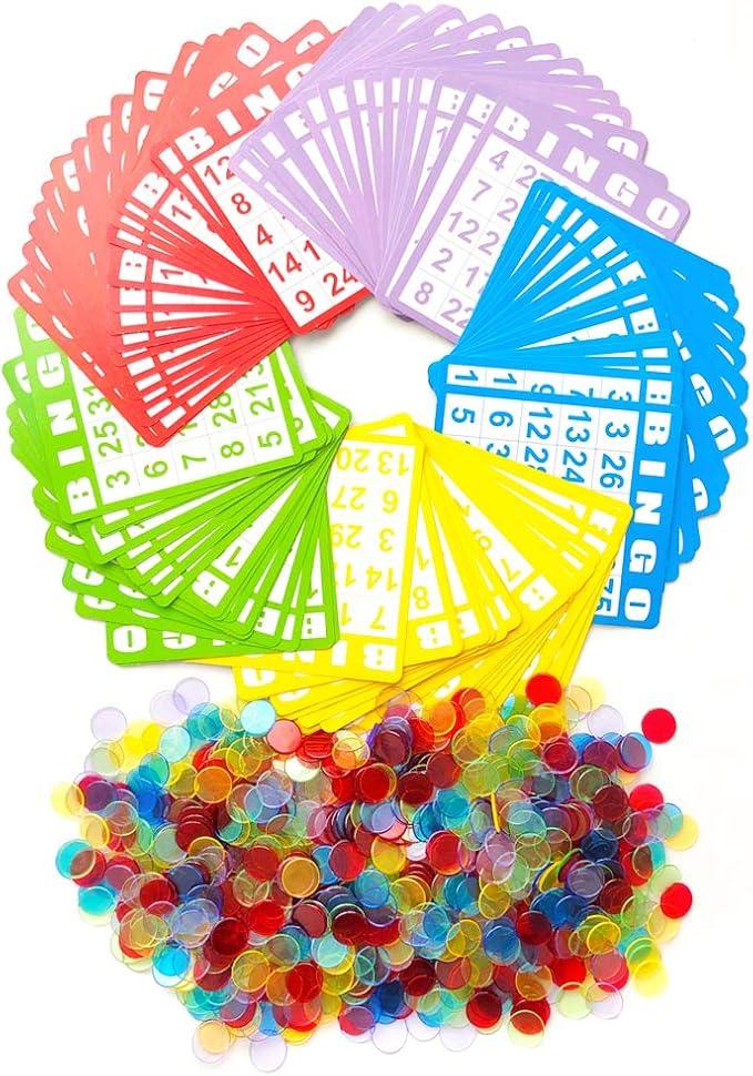 YH Poker Yuanhe Bingo Cards Game Set - Includes 100 Bingo Cards and 1000 Colorful Transparent Bingo Chips, Great for Bingo Games,Card Games, School Classroom Games,Family Gathering Activity