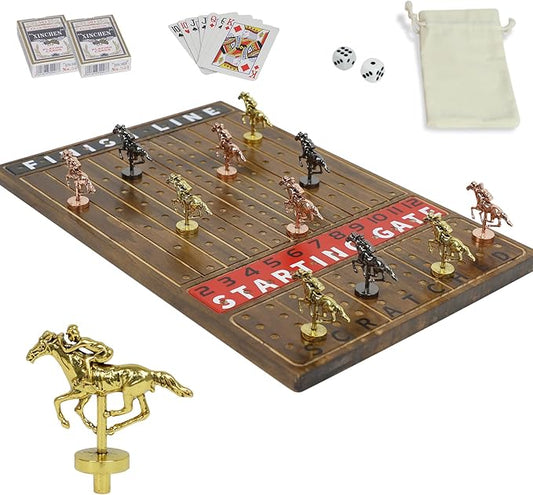 Metal Horse Racing Board Game Card Board Game Finish Line Luxury Edition Solid Wood Race Game Board 11 Batches of Metal Model Horses 2 Sets of Dice and 2 Boxes of Cards…