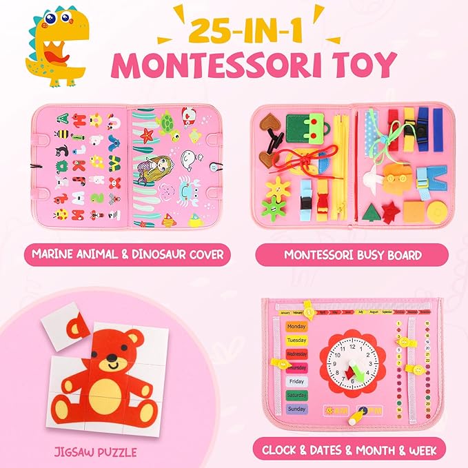 Montessori Busy Board Toys, Sensory Board for Toddlers 1-3, Travel Felt Busy Book for Airplane Car, Activity Busy Mat for Learning Fine Motor Skills Suits Boys Girls Birthday Gifts Pink/P1